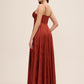 Rust Jacquard Floral Gown with Sweetheart Neckline - Woman Wearing Elegant Evening Dress - Le Chateau