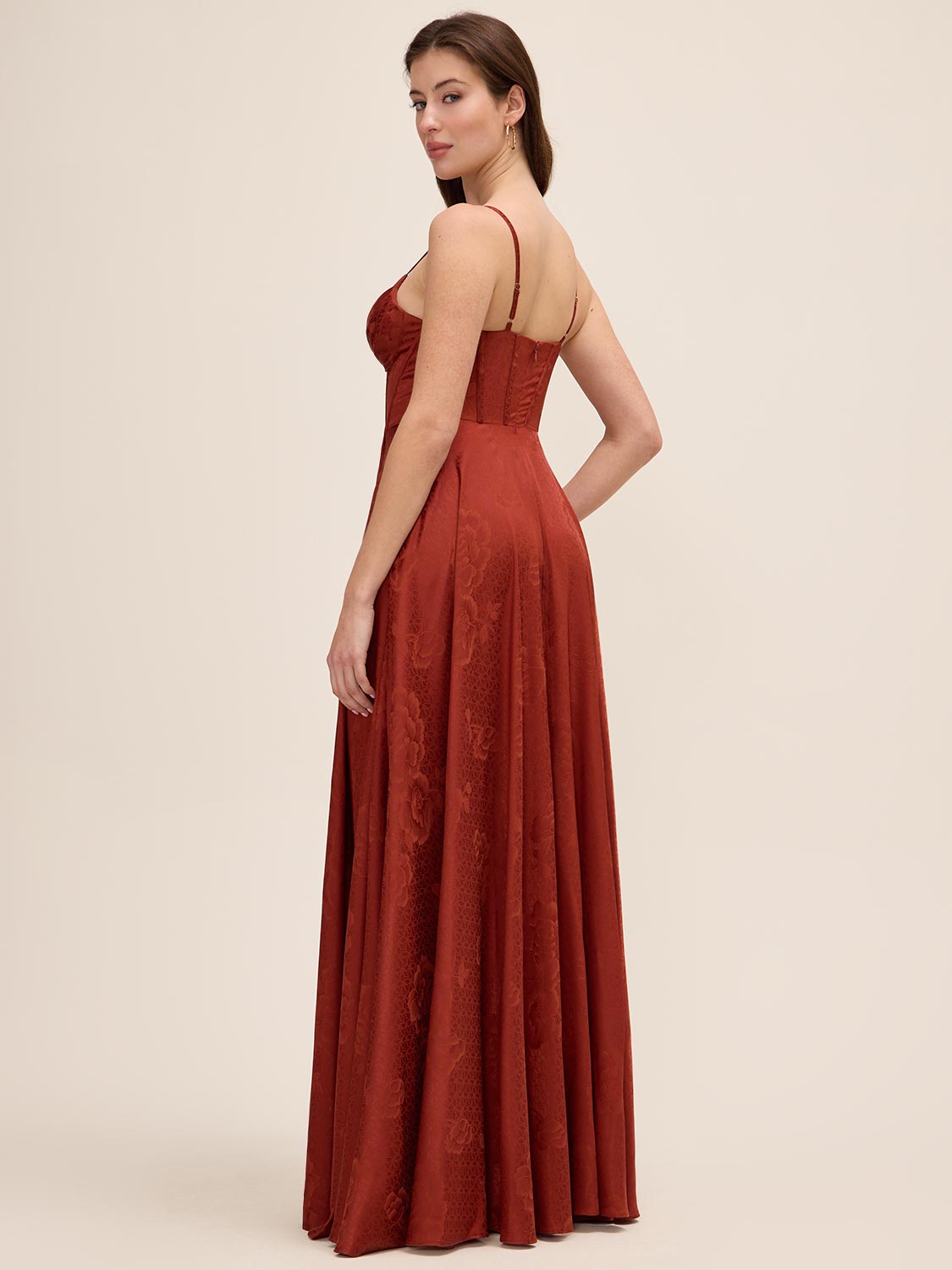 Rust Jacquard Floral Gown with Sweetheart Neckline - Woman Wearing Elegant Evening Dress - Le Chateau