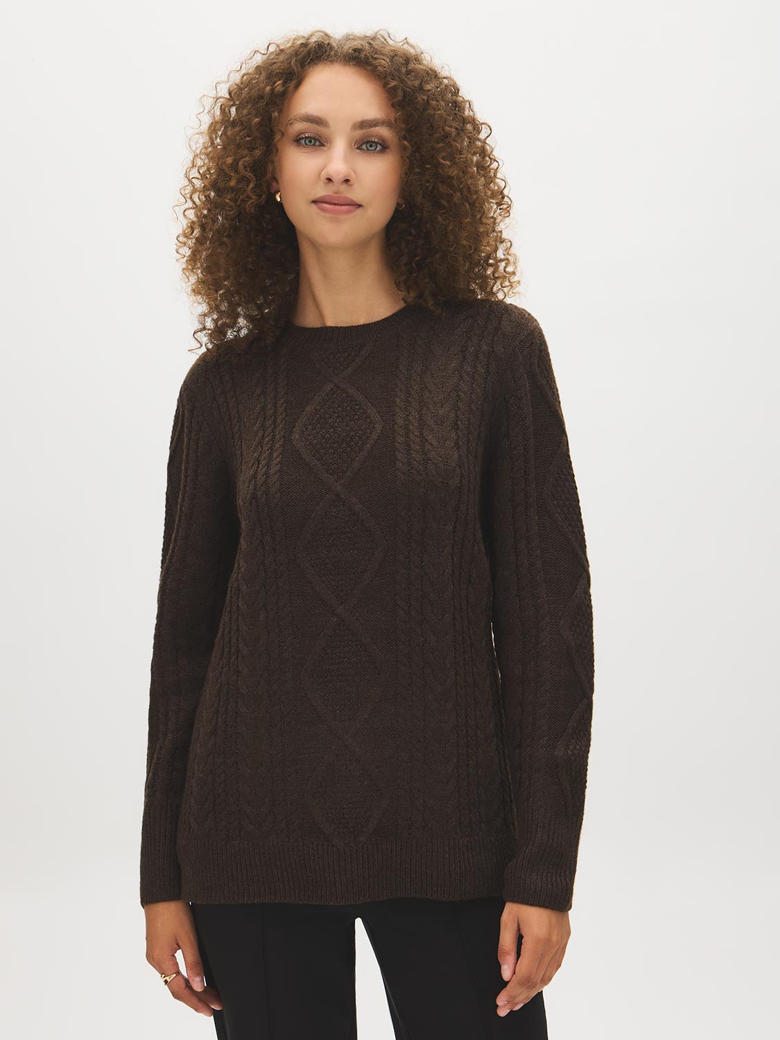 Bark Melange Cable Knit Sweater with Side Slits - Woman Wearing Cozy Knit Top - Suzy Shier