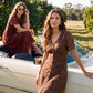 Soft Silt Paisley Print Flowy Shirt Dress - Woman Wearing Midi Length V-Neck Dress - Suzy Shier