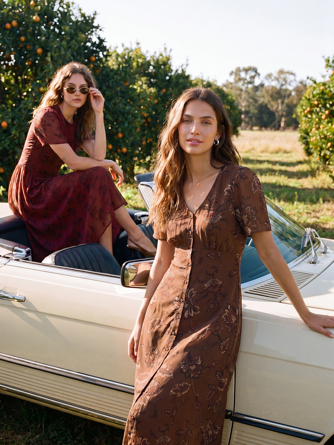 Soft Silt Paisley Print Flowy Shirt Dress - Woman Wearing Midi Length V-Neck Dress - Suzy Shier