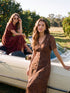 Soft Silt Paisley Print Flowy Shirt Dress - Woman Wearing Midi Length V-Neck Dress - Suzy Shier