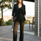 Black/White Striped One-Button Blazer with Cuffed Sleeves - Woman Wearing Tailored Blazer - Suzy Shier