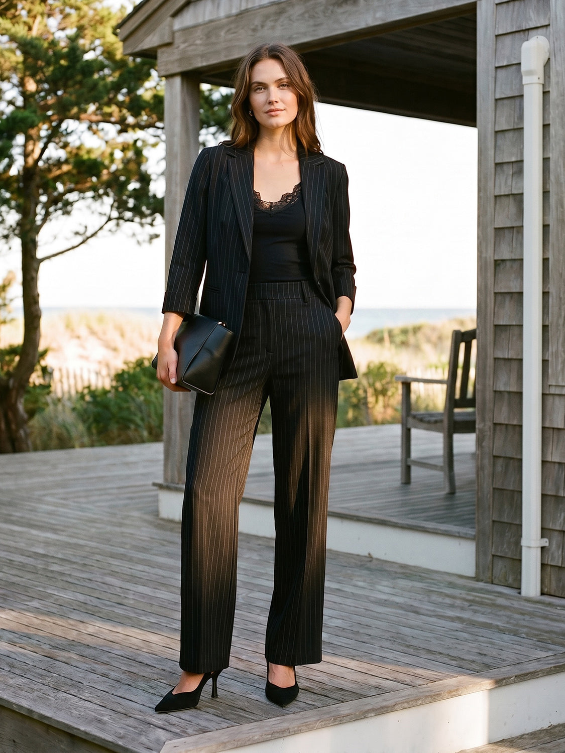 Black/White Striped One-Button Blazer with Cuffed Sleeves - Woman Wearing Tailored Blazer - Suzy Shier