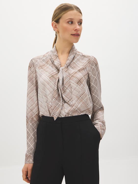 Ashes of Roses Printed Blouse with Neck Tie - Woman Wearing V-Neck Patterned Top - Suzy Shier