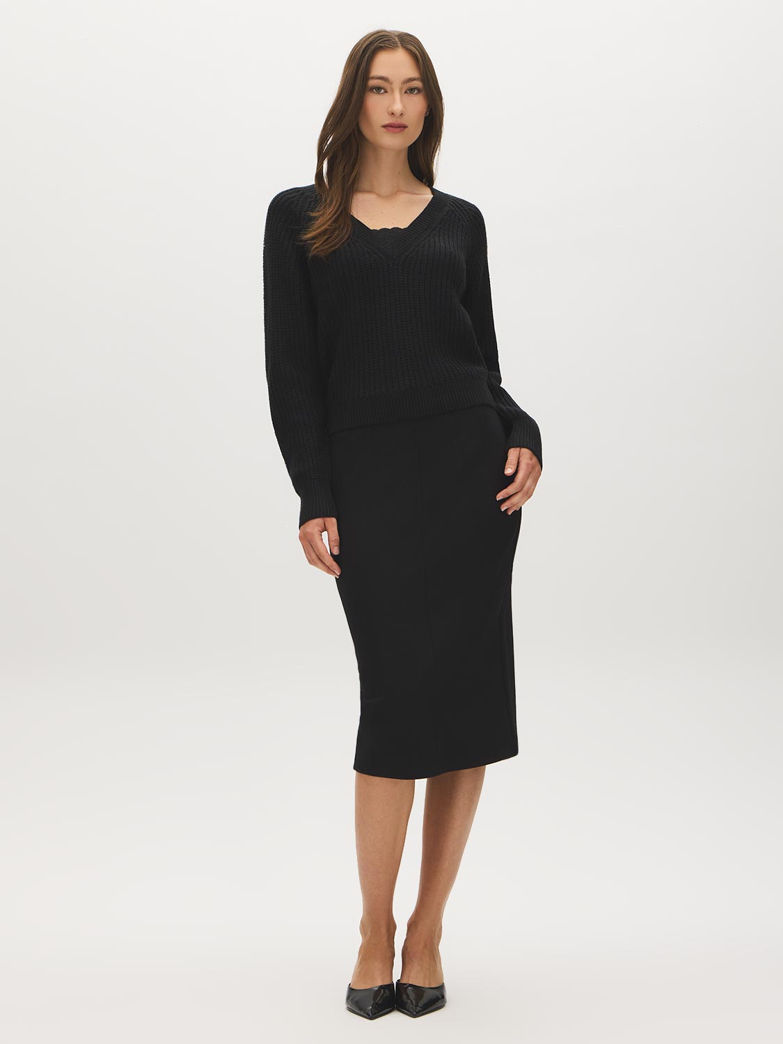 Black Lace Trim V-Neck Knit Sweater - Front View - Suzy Shier