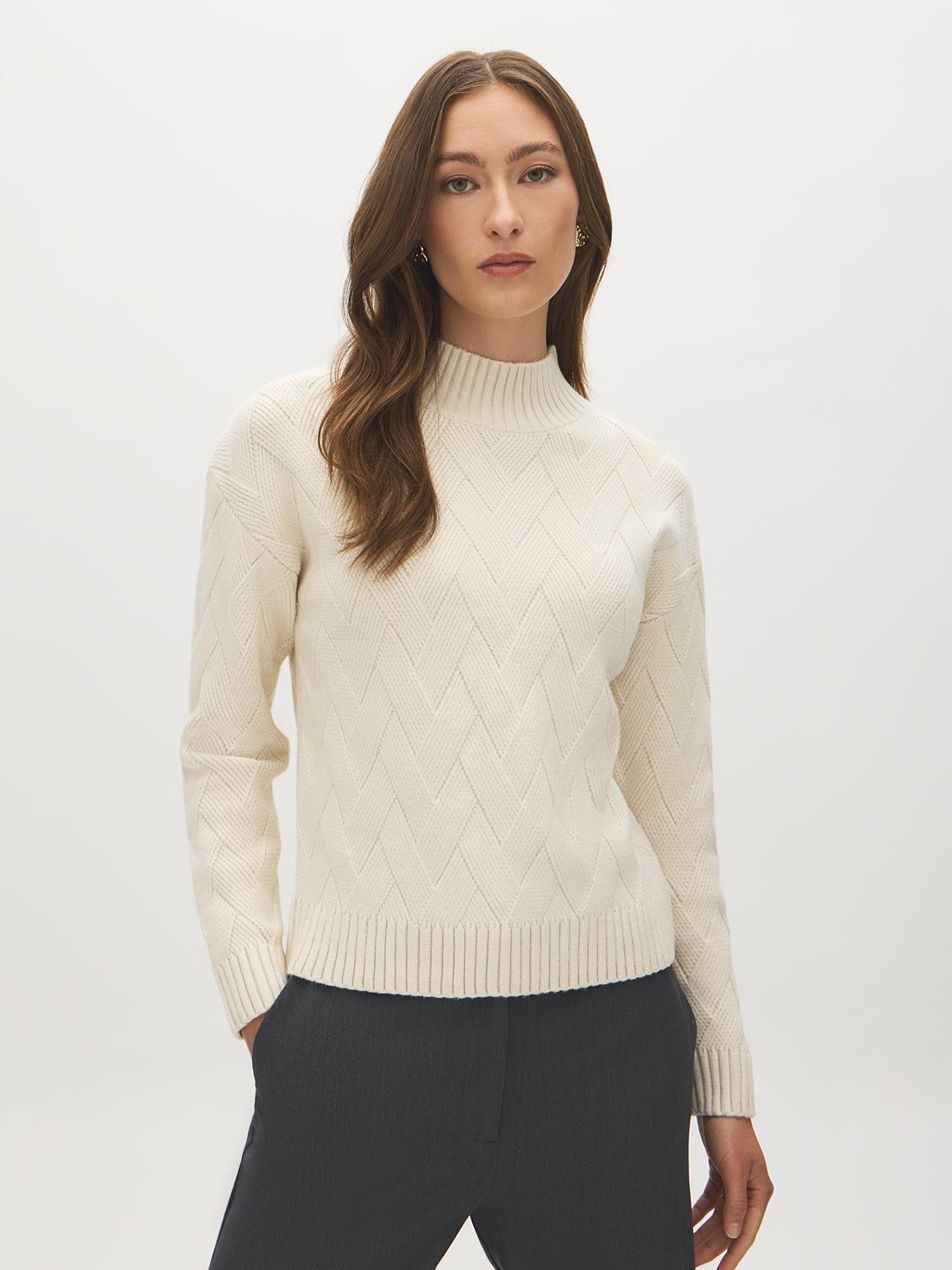 Cloud Gray Mock Neck Sweater with Diagonal Stitch Detail - Woman Wearing Cozy Knit Top - Suzy Shier