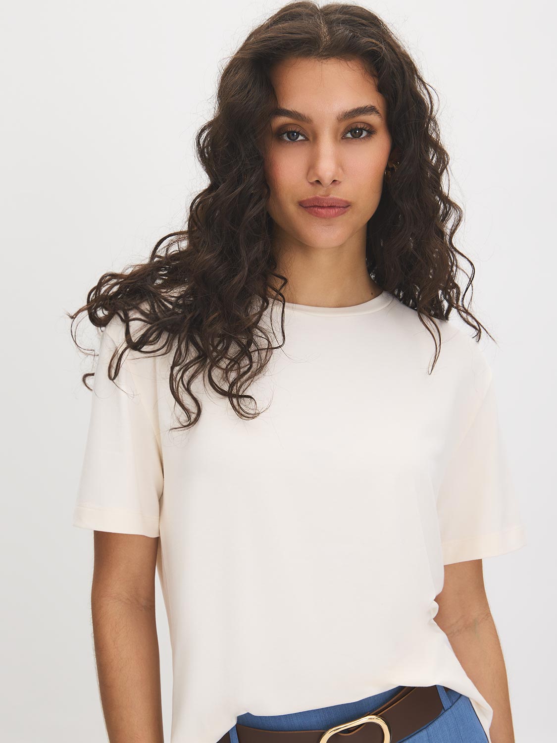 Winter White Soft Jersey Crew Neck T-Shirt - Close-up Front View - Suzy Shier