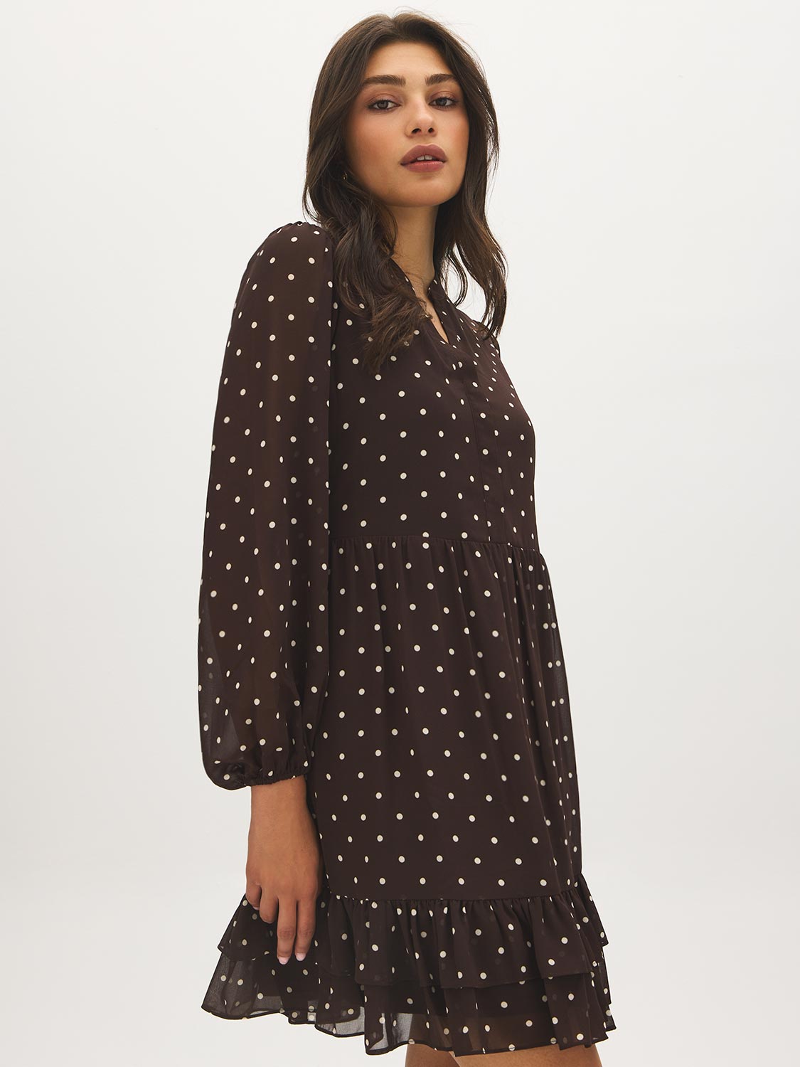 Java Dots Print Mini Dress with Ruffled Hem - Side Profile View - Suzy Shier