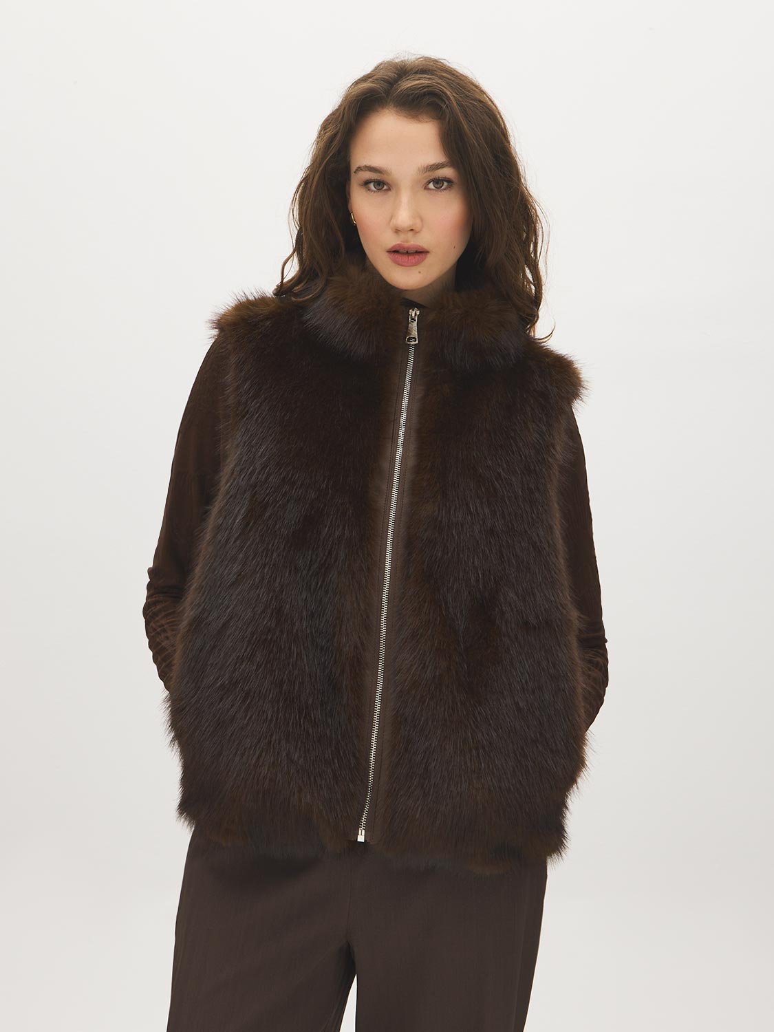 Brown Faux Fur Vest Jacket with Leather Detail - Woman Wearing Lined Faux Fur Vest - Suzy Shier