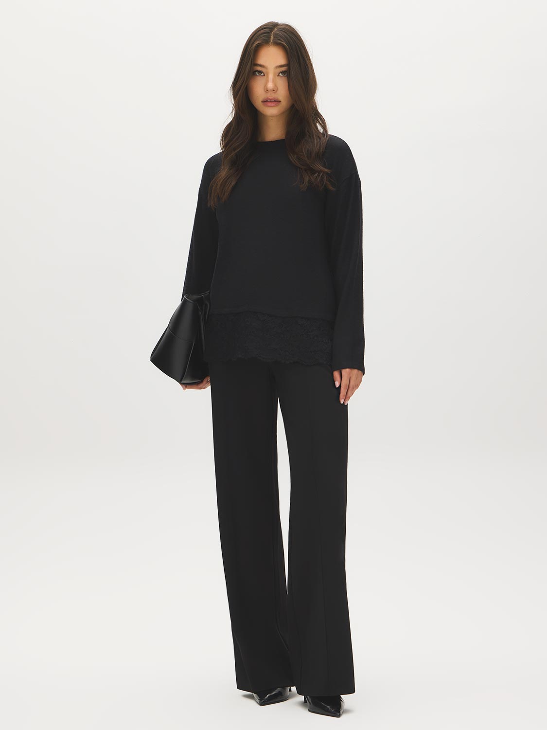 Black Crew Neck Hacci Top with Lace Trim - Front View - Suzy Shier