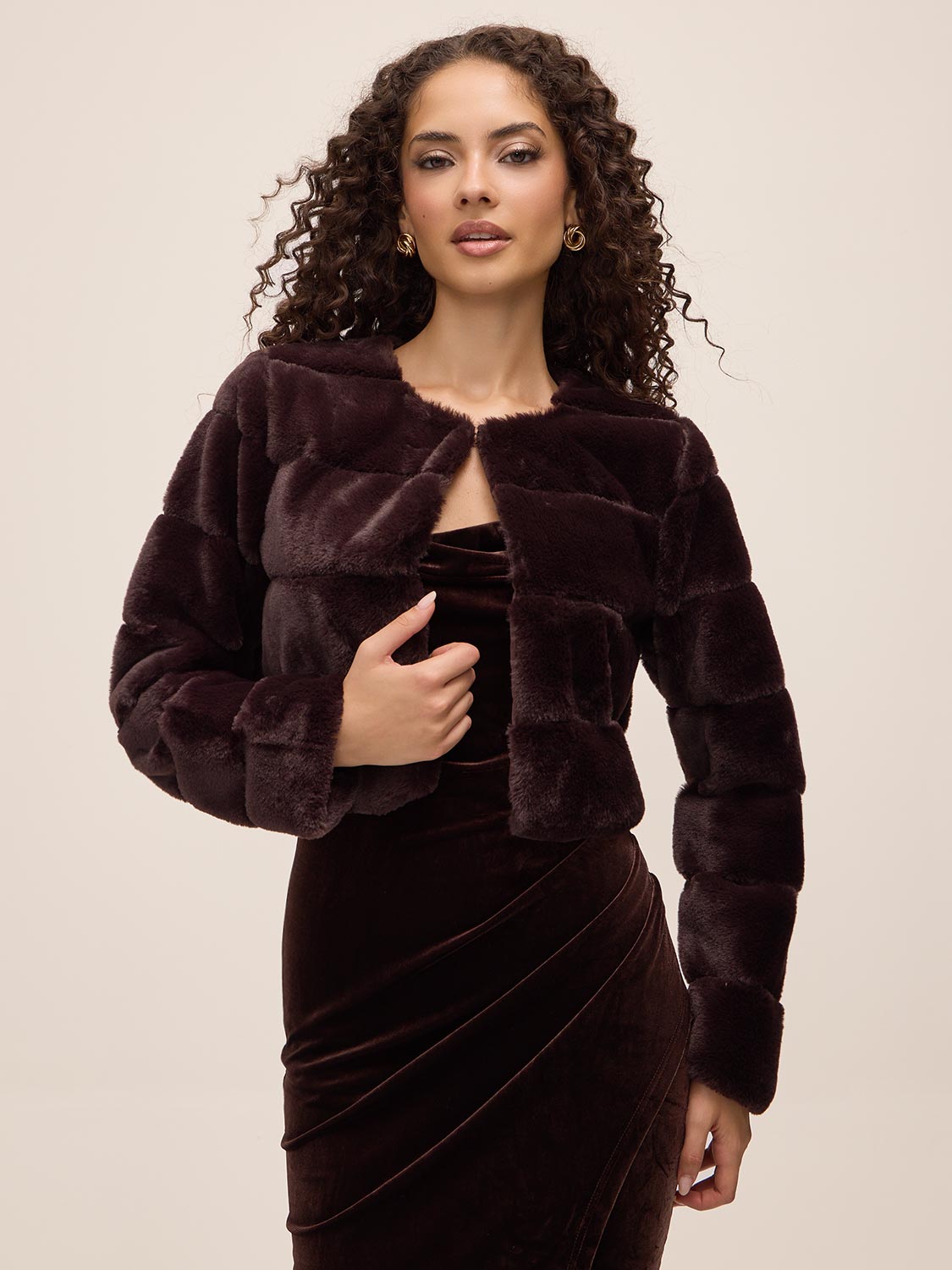 Chocolate Striped Fur Bolero - Front View - Le Chateau