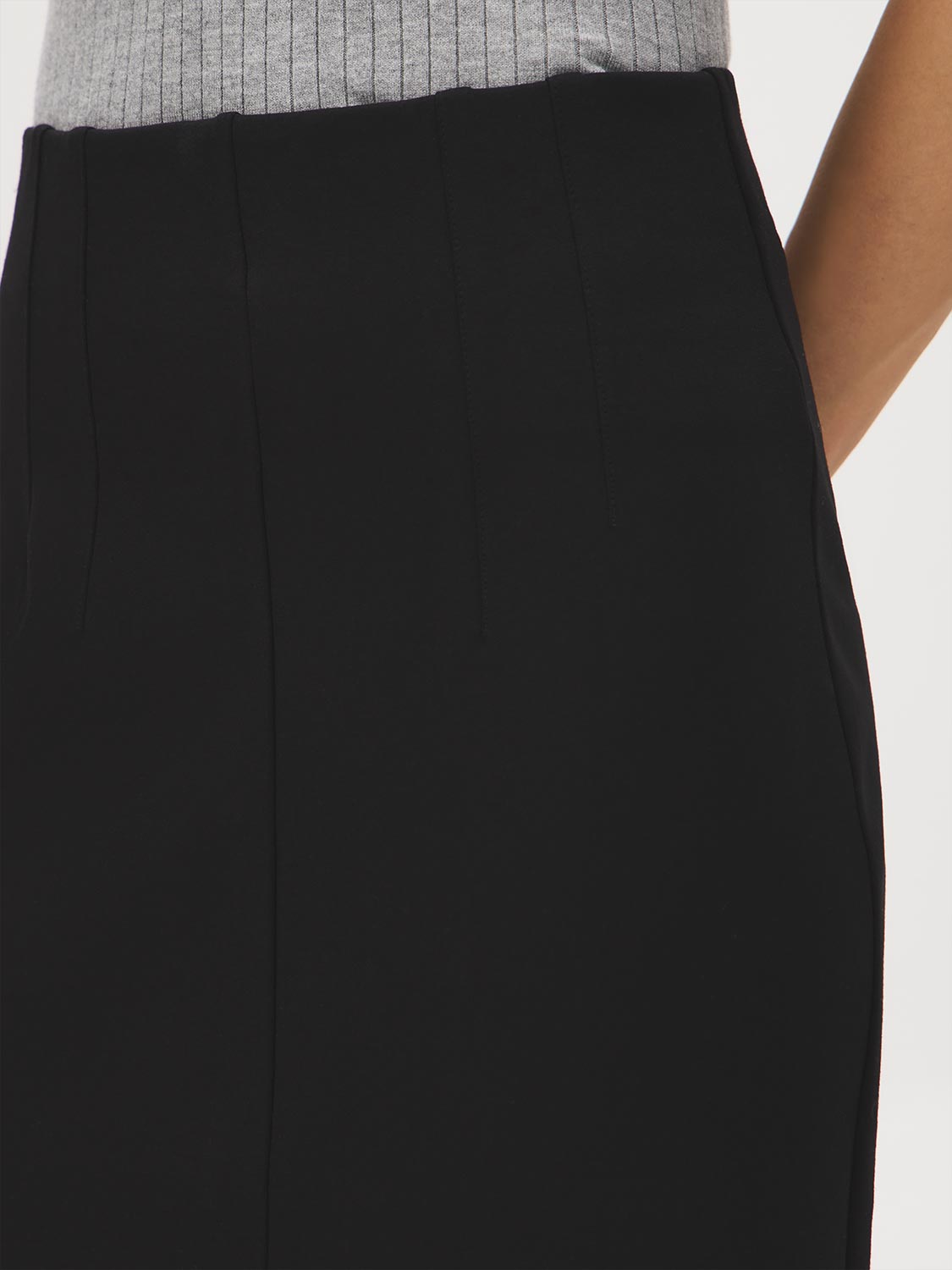 Black Corset-Waist Pencil Skirt with Back Slit - Close-up Fabric Detail - Suzy Shier