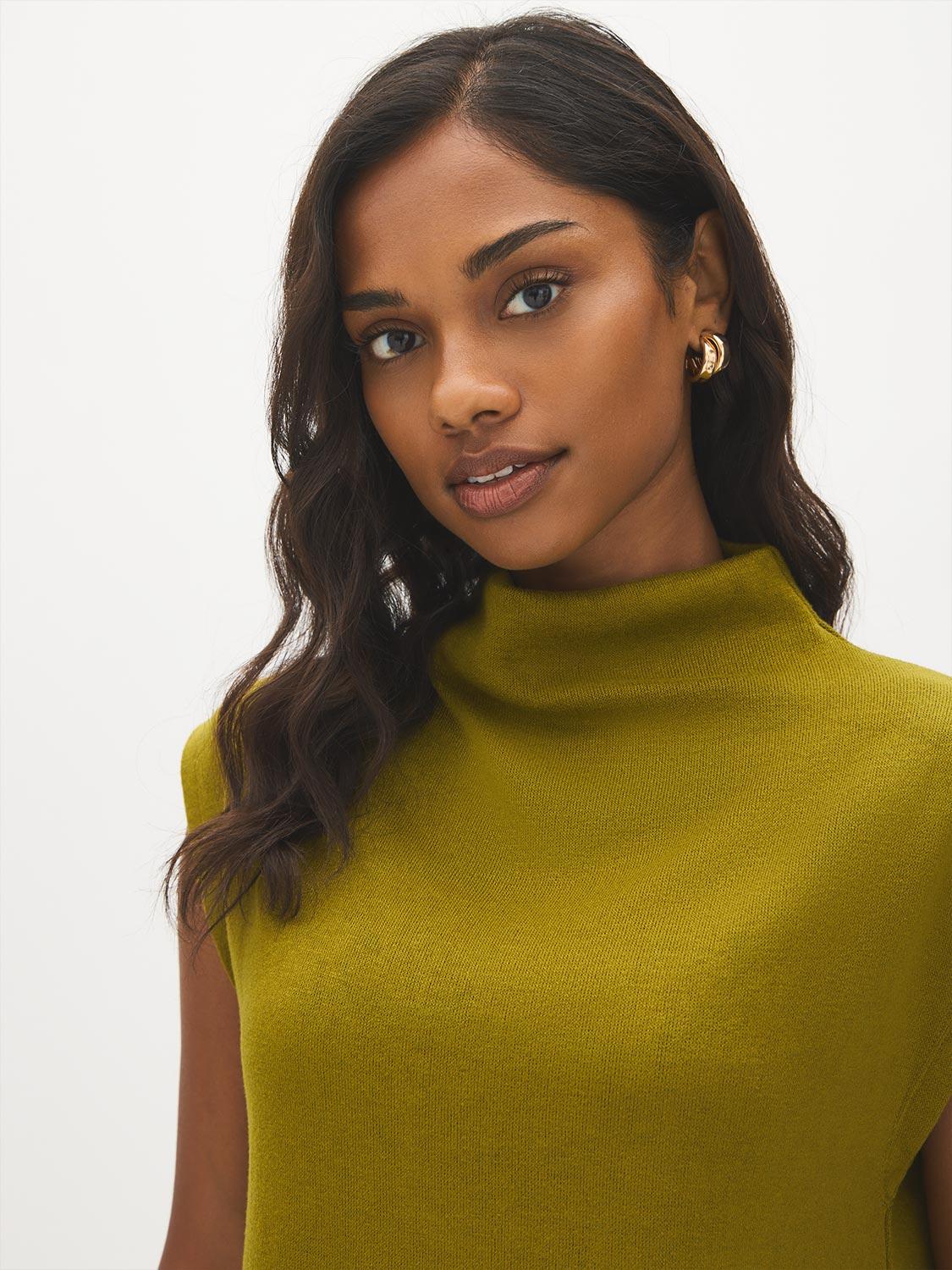 Guacamole Sleeveless Mock Neck Sweater Knit Top - Close-up Neck Detail - Suzy Shier