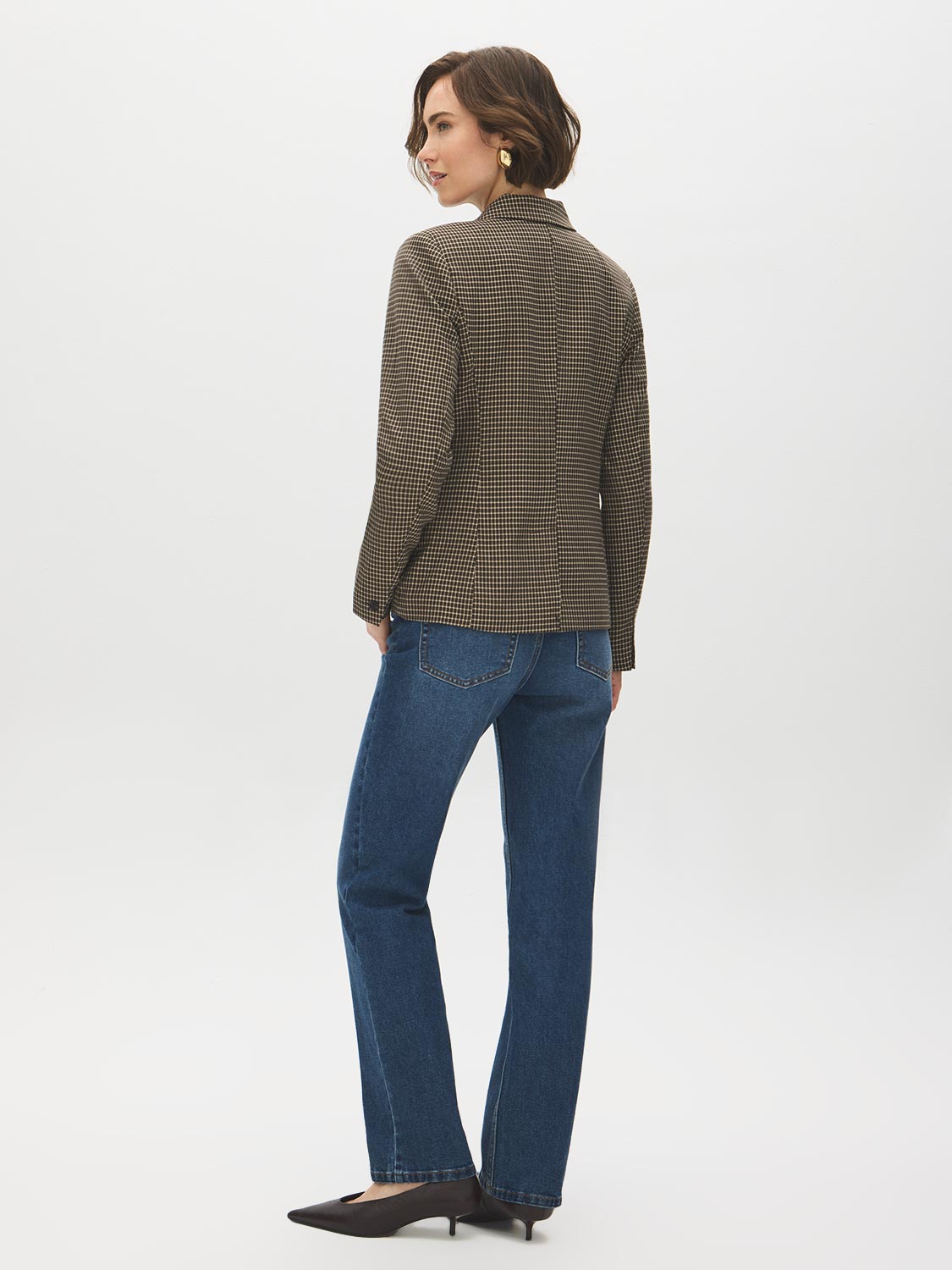 Brown/Beige Yarn-Dye Blazer with Contrast Collar - Back View - Suzy Shier