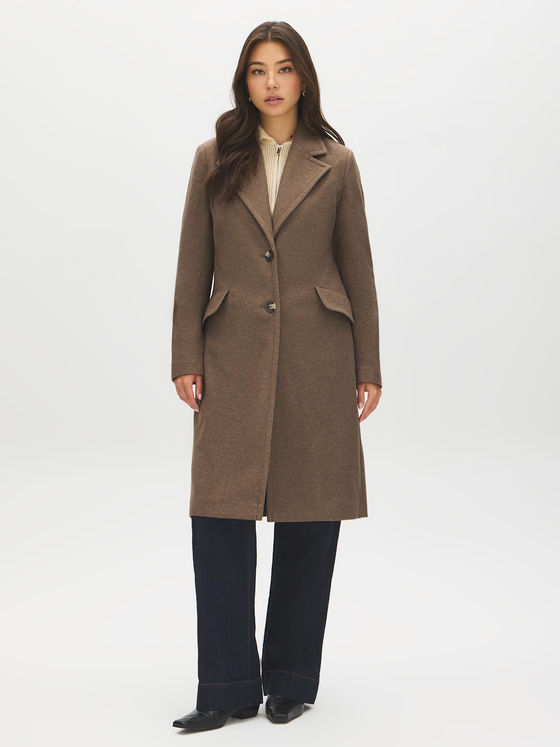Brown Mix Single-Breasted Faux Wool Coat - Front View - Suzy Shier