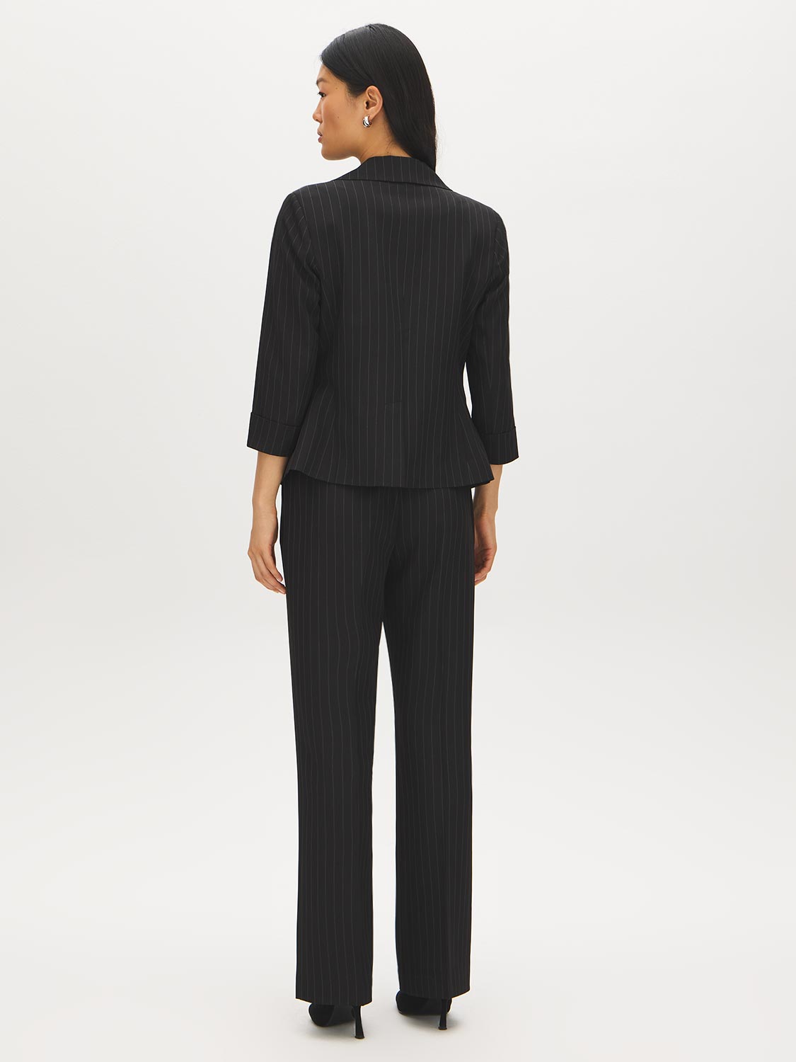 Black/White Striped One-Button Blazer with Cuffed Sleeves - Back View - Suzy Shier