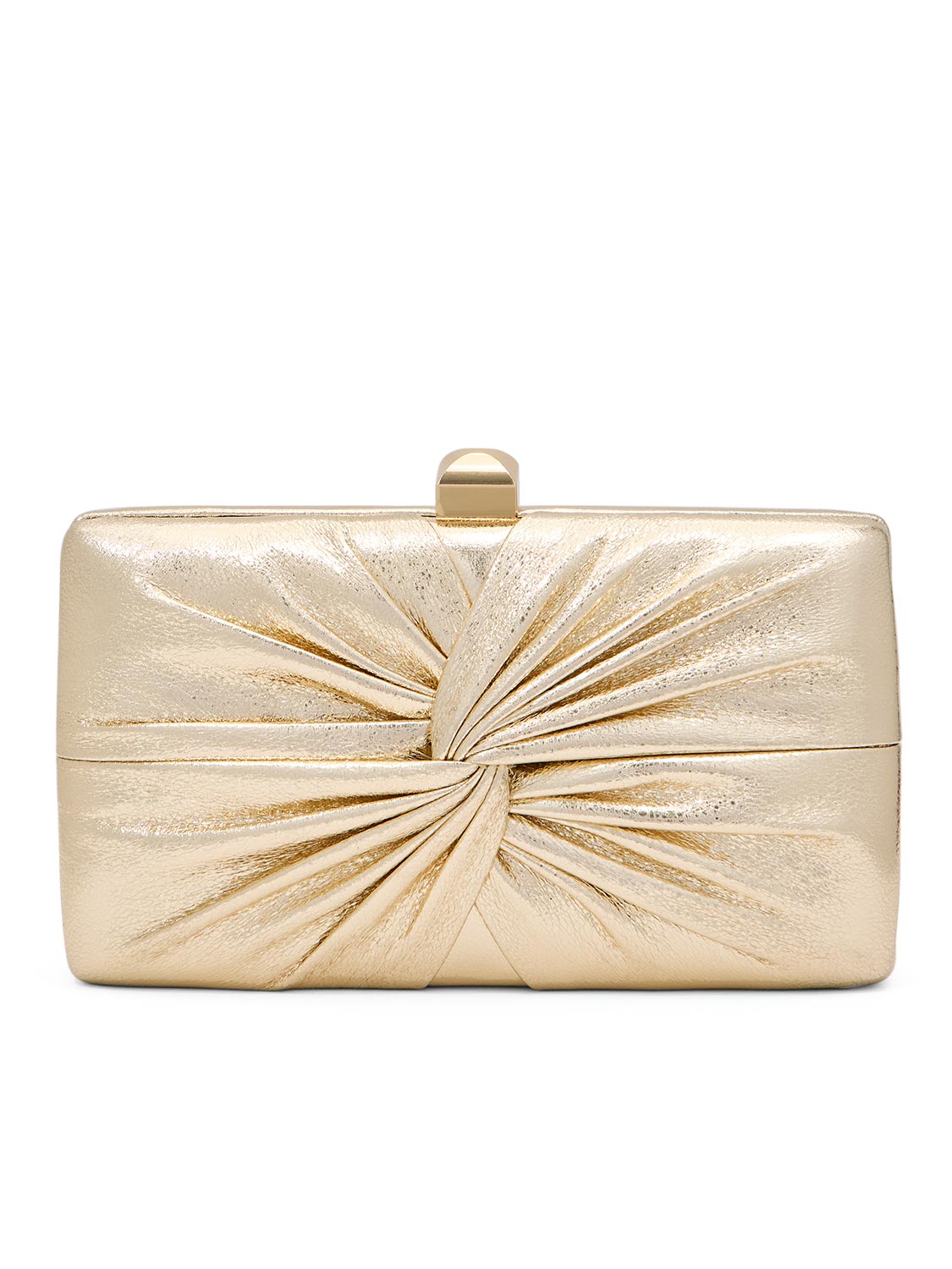 Gold Woven Pleated Metallic Clutch Bag - Close-up of Textured Finish with Clasp Closure - Le Chateau