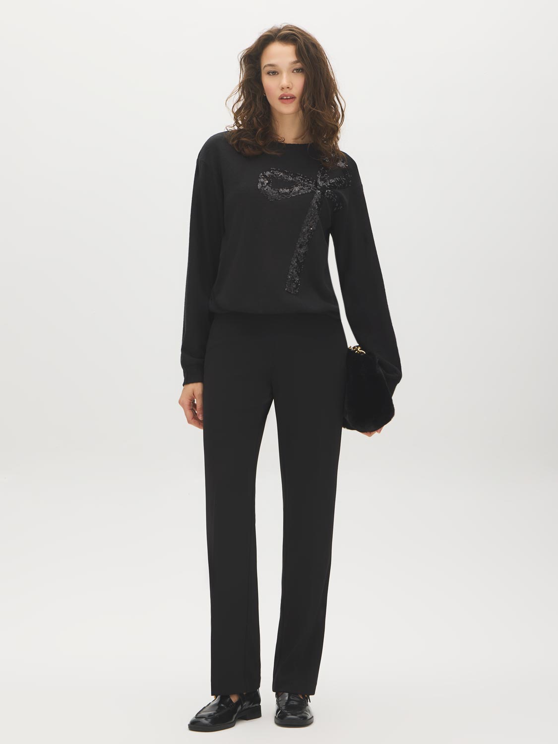 Jet Black Sequin Bow Detail Knit Top - Front View - Suzy Shier