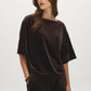 Coffee Bean Boxy Velvet Boat Neck Top - Woman Wearing Relaxed Fit Velvet Top - Suzy Shier