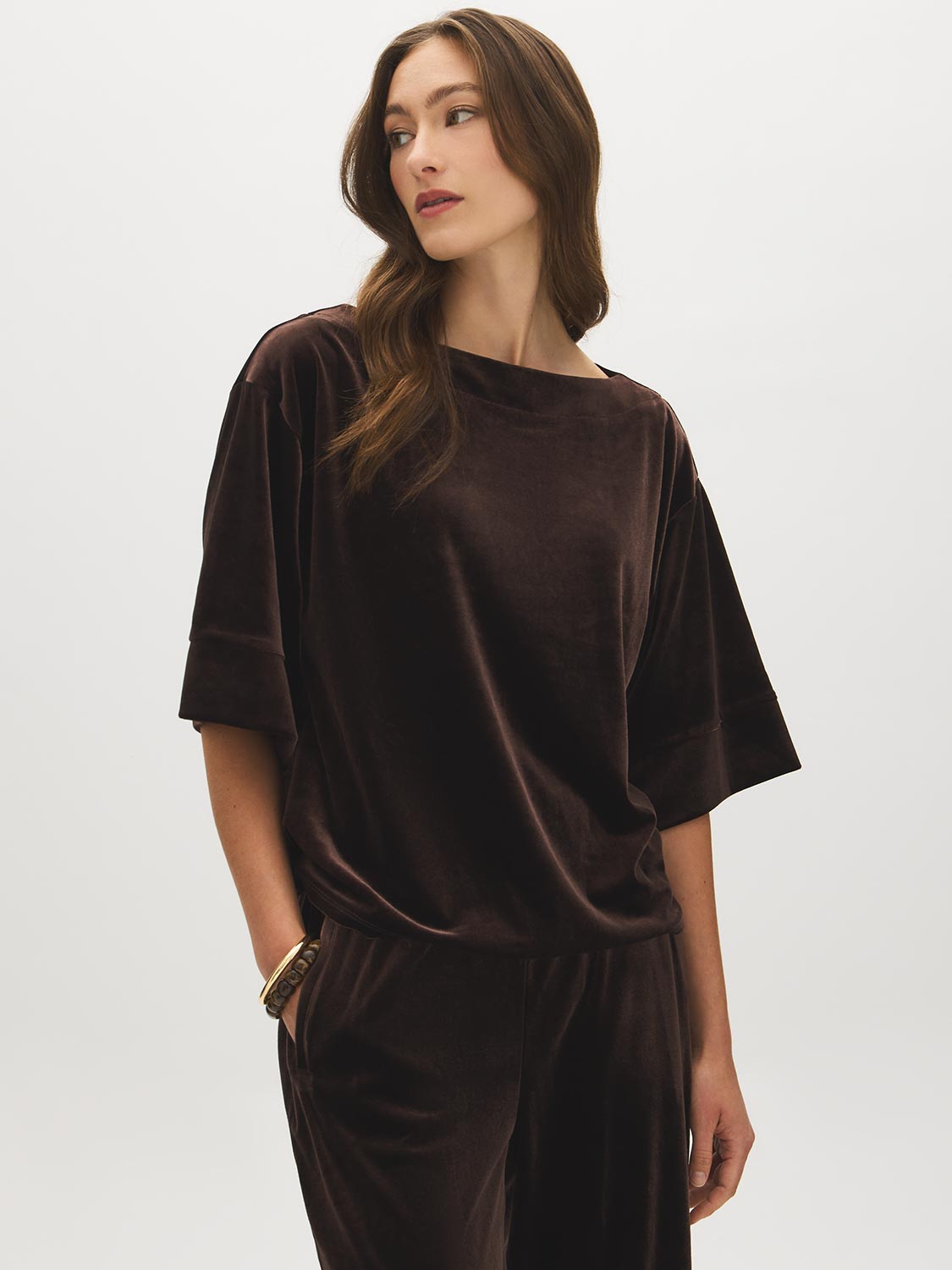 Coffee Bean Boxy Velvet Boat Neck Top - Woman Wearing Relaxed Fit Velvet Top - Suzy Shier