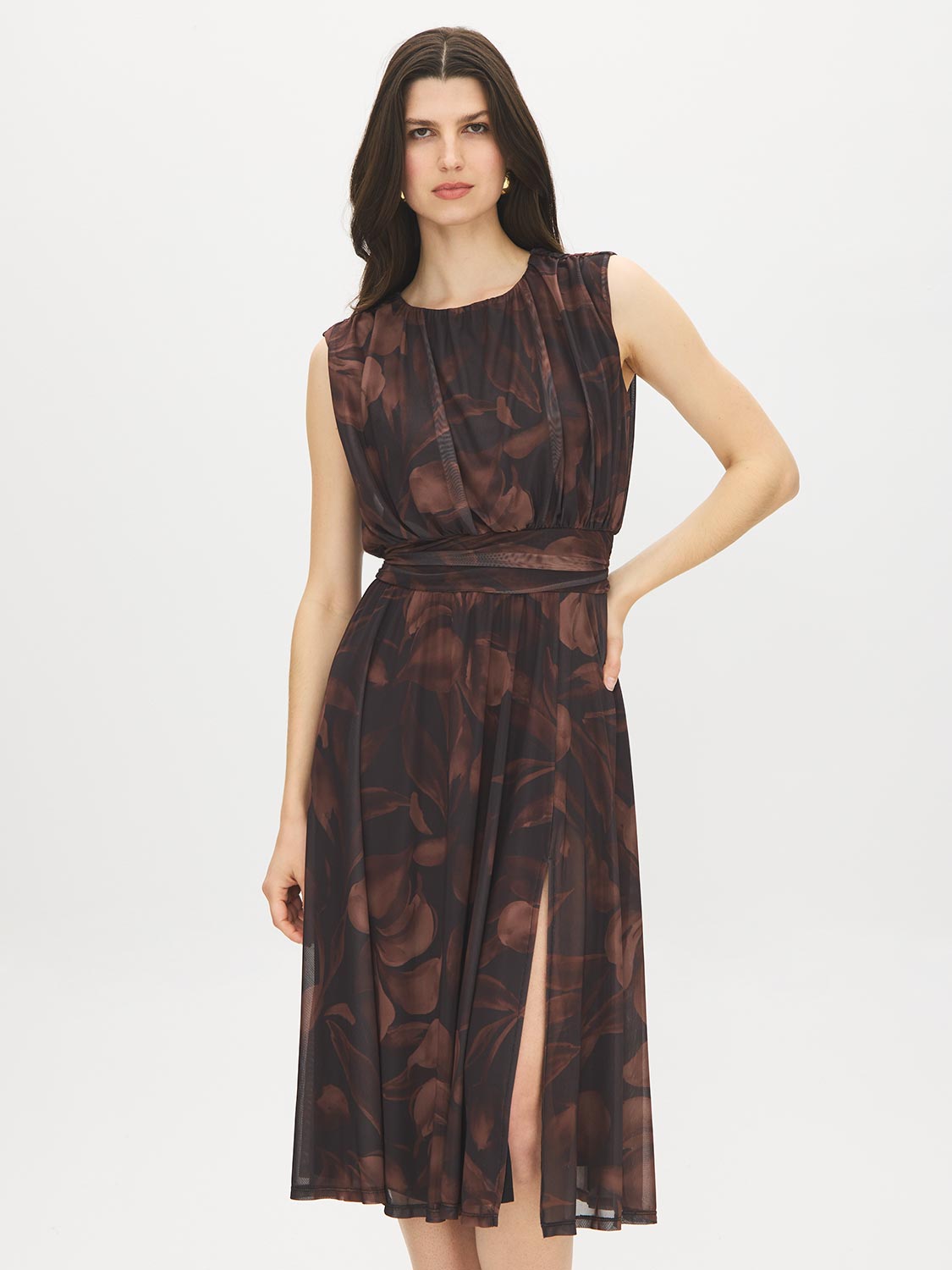 Floral Print Mesh Dress with Cummerbund Waist - Front View - Suzy Shier