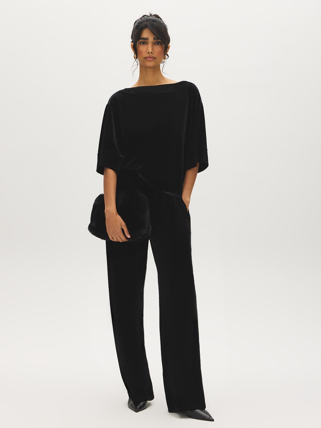 Jet Black Velvet Boat Neck Boxy Top - Front View - Suzy Shier