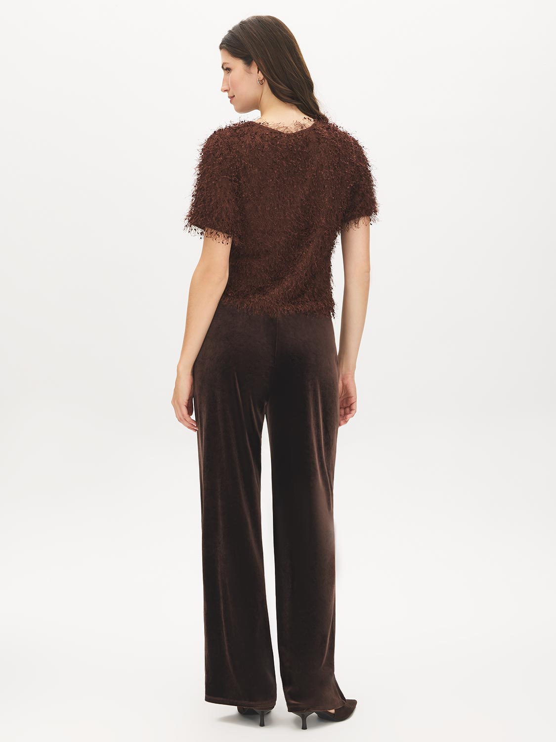 Milk Chocolate Fuzzy Knit Crew Neck Top - Back View - Suzy Shier