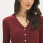 Syrah V-Neck Ribbed Cardigan - Close-up Button Detail - Suzy Shier