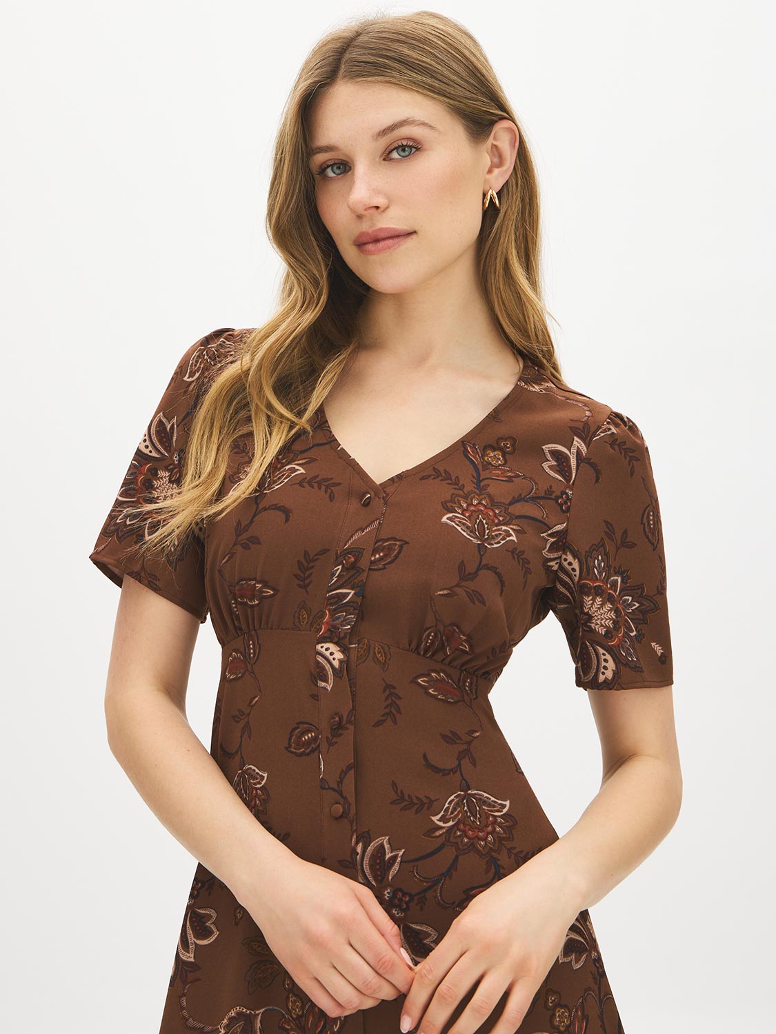 Soft Silt Paisley Print Flowy Shirt Dress - Front View - Suzy Shier