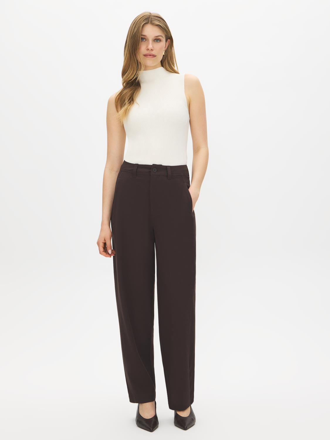 Coffee Bean High-Rise Barrel Leg Knit Pants - Full Front View - Suzy Shier