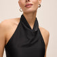 Black Draped Halter Neck Midi Dress - Close-up Collar Detail - Le Chateau