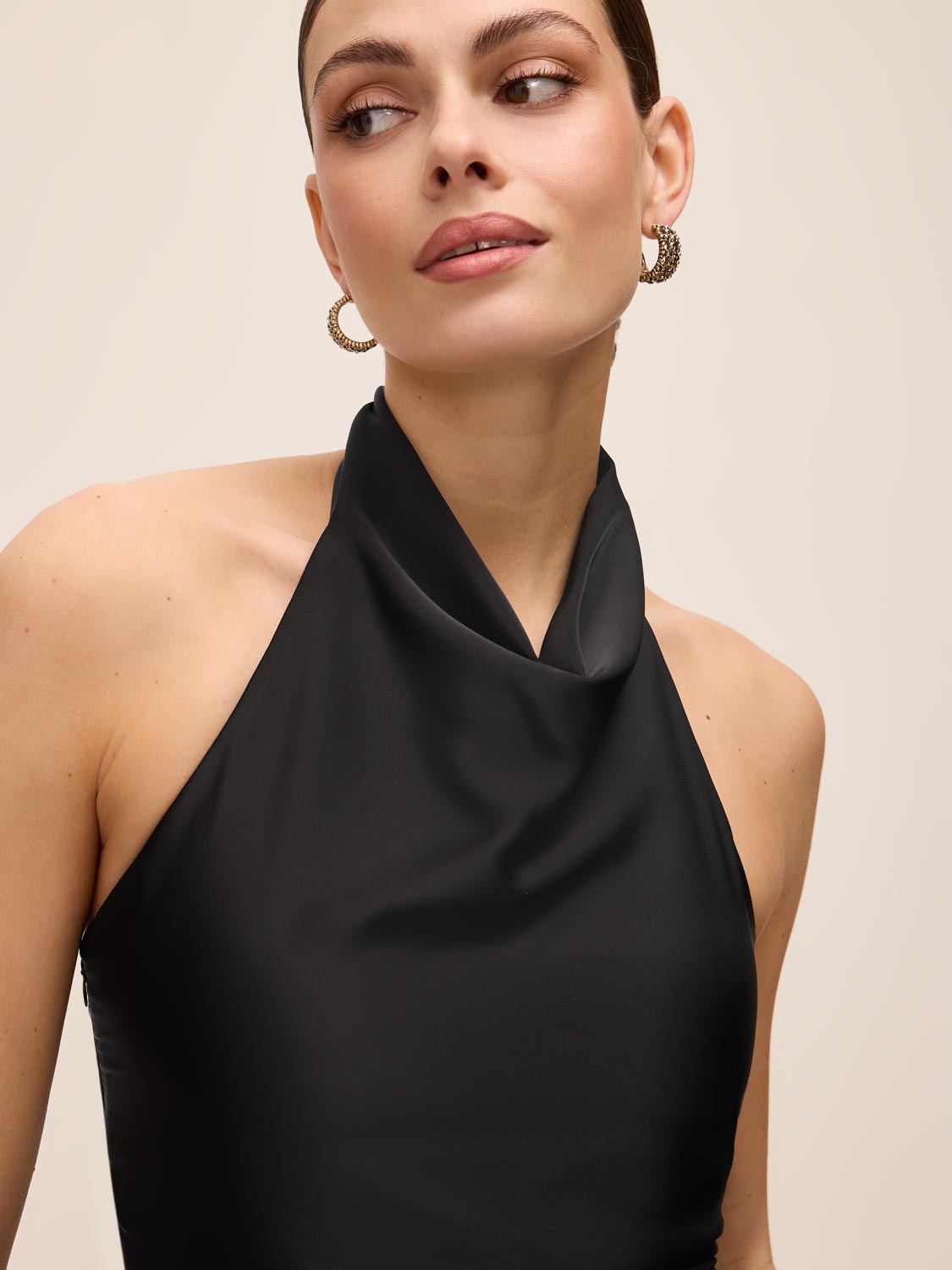 Black Draped Halter Neck Midi Dress - Close-up Collar Detail - Le Chateau