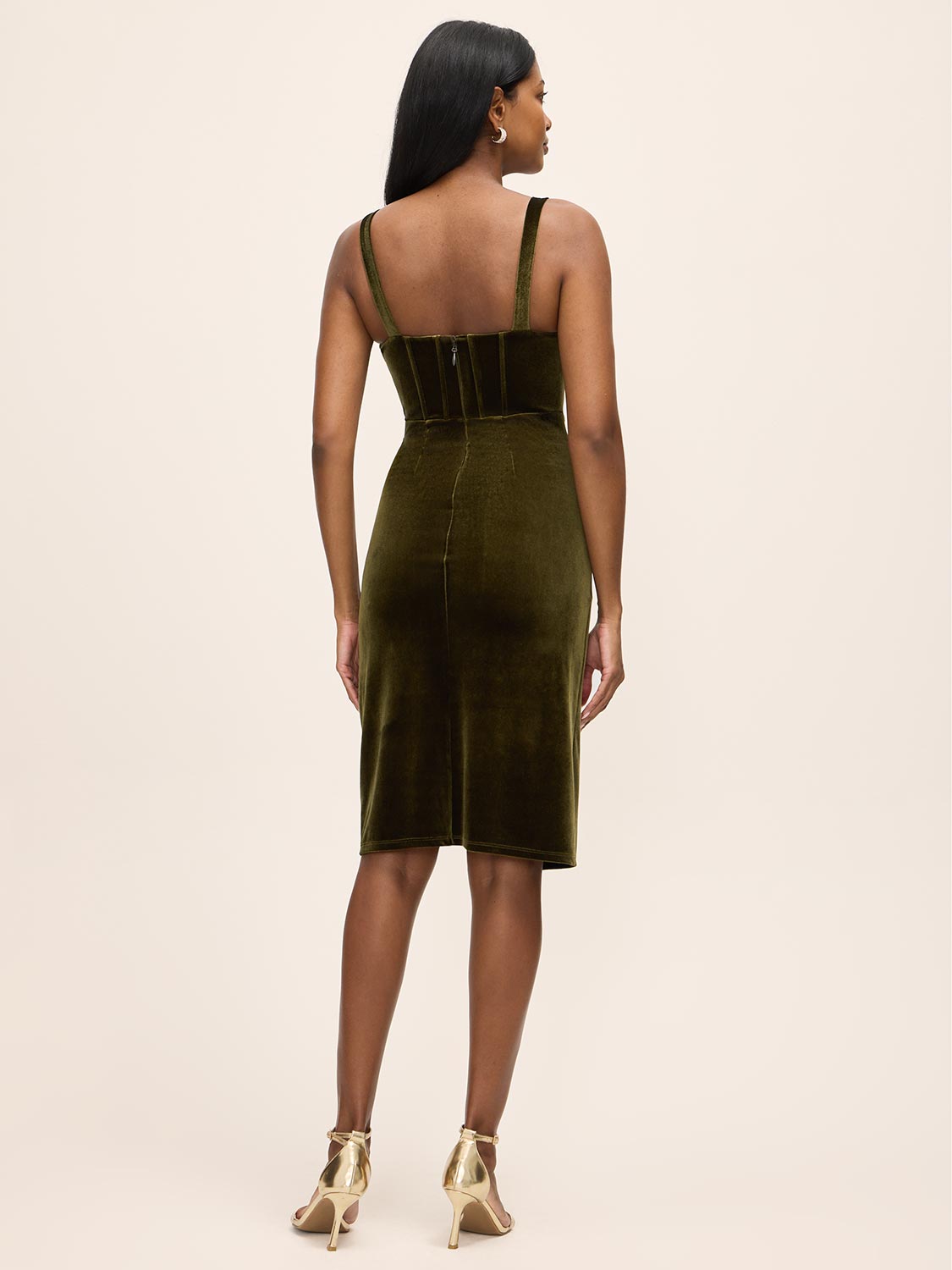 Olive Velvet Bustier Midi Dress - Back View - Le Chateau