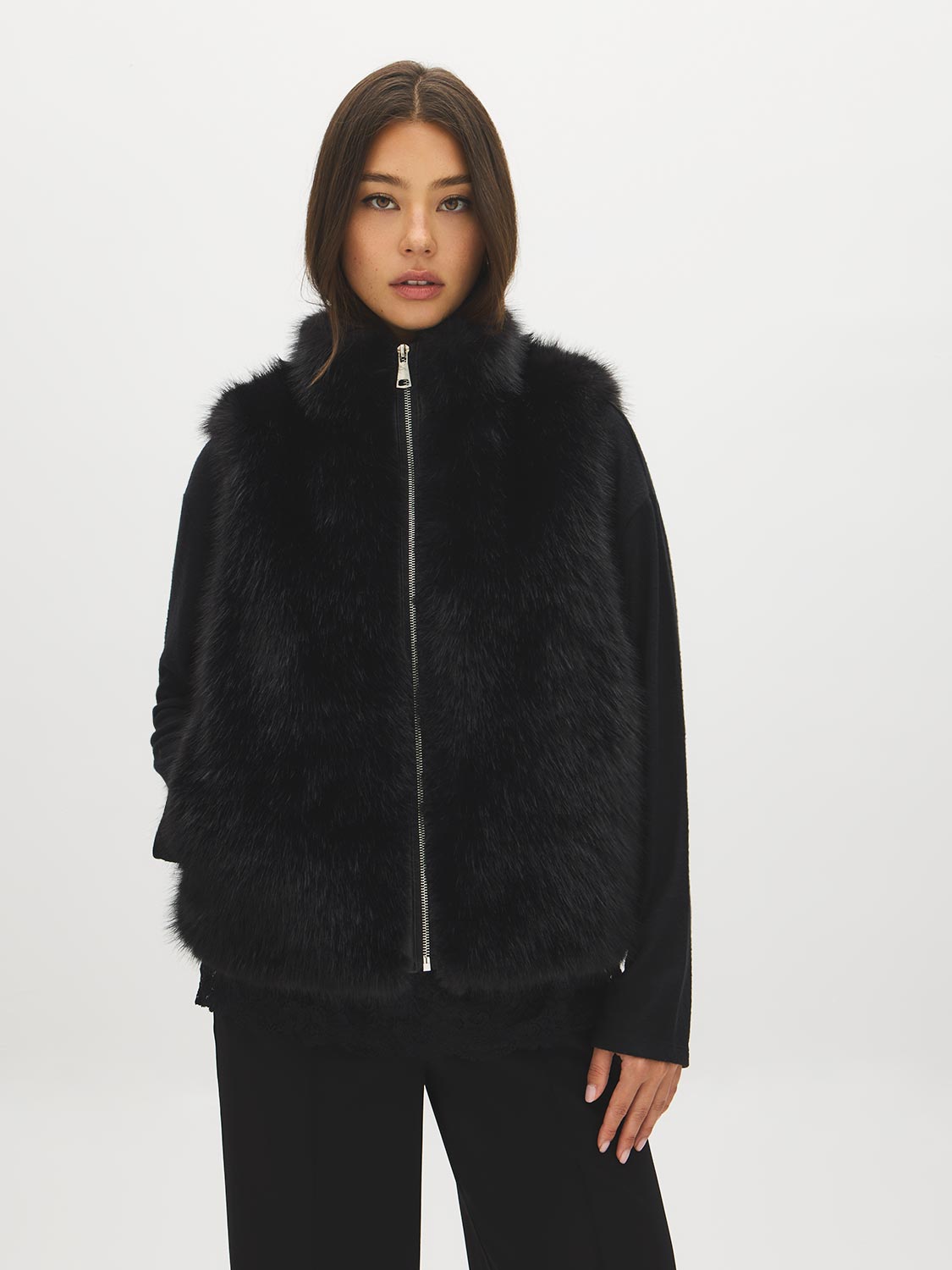 Black Faux Fur Vest with Leather Detail - Woman Wearing Cozy Faux Fur Jacket - Suzy Shier