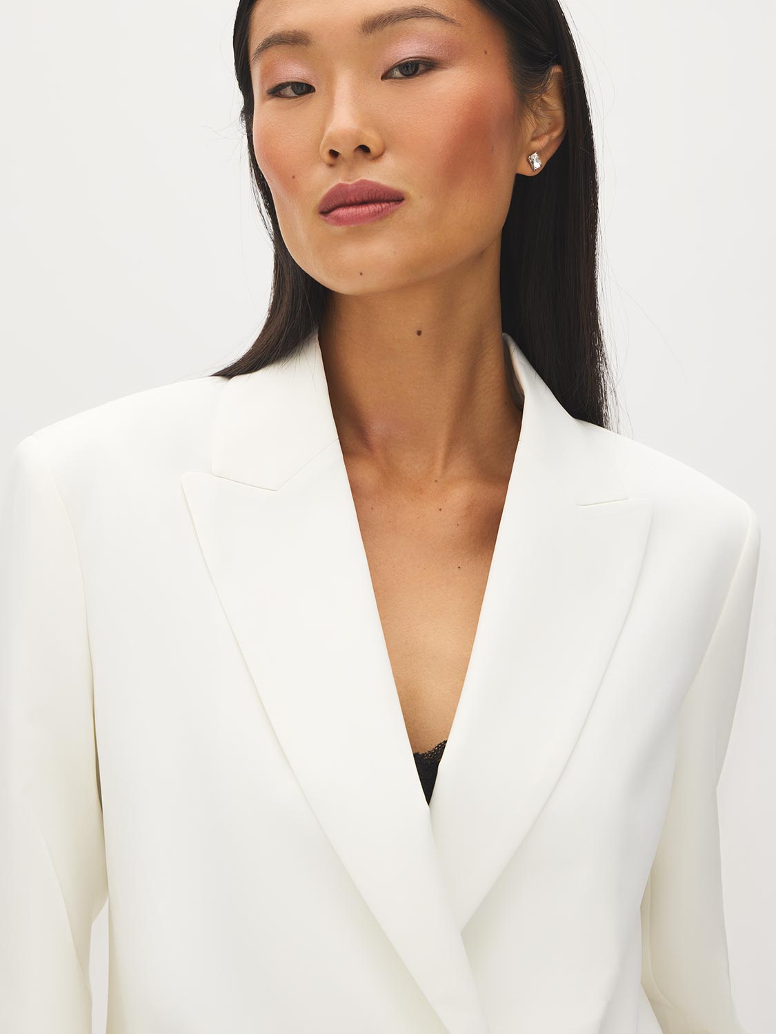 Off White Double-Breasted Blazer with Notch Collar - Collar Detail - Suzy Shier