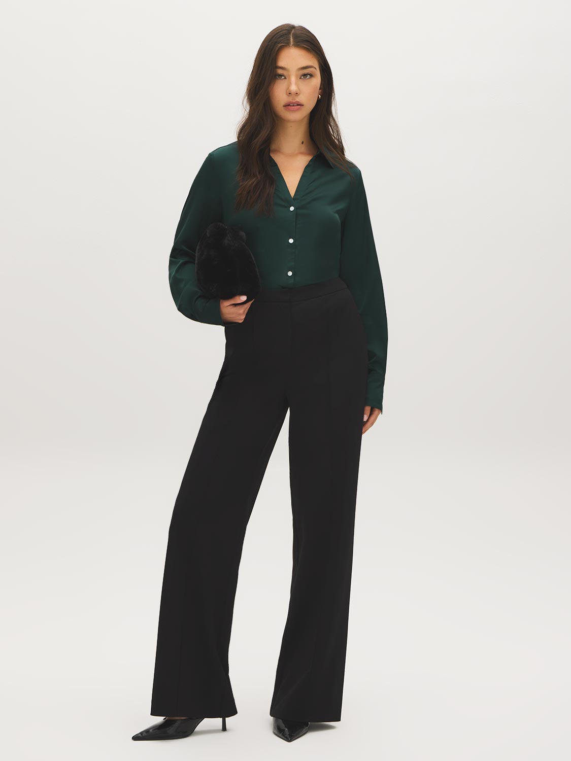 Scarab Satin-Like V-Neck Blouse - Front View - Suzy Shier