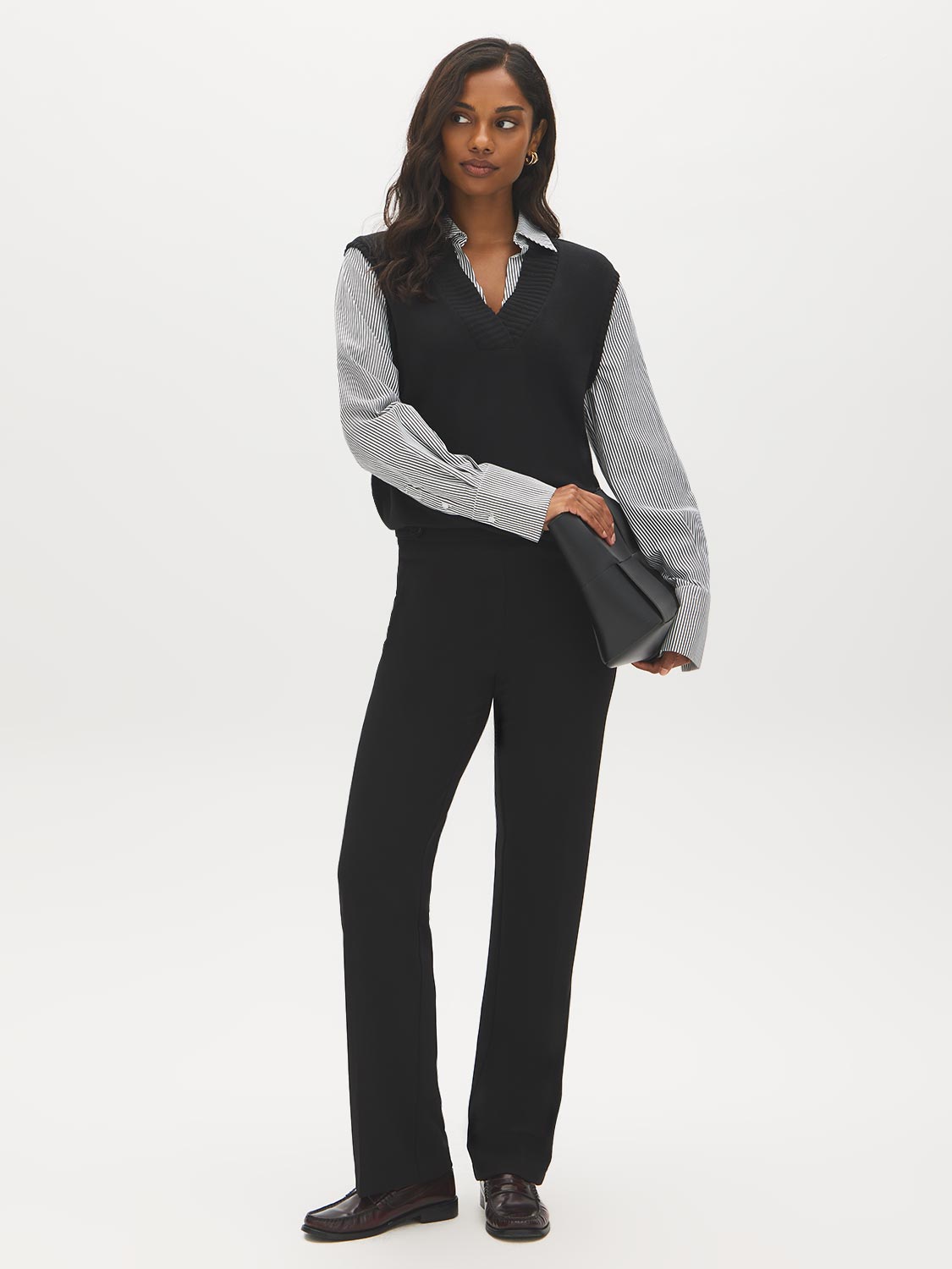 Jet Black Striped Poplin 2fer Knit Top - Front View - Suzy Shier