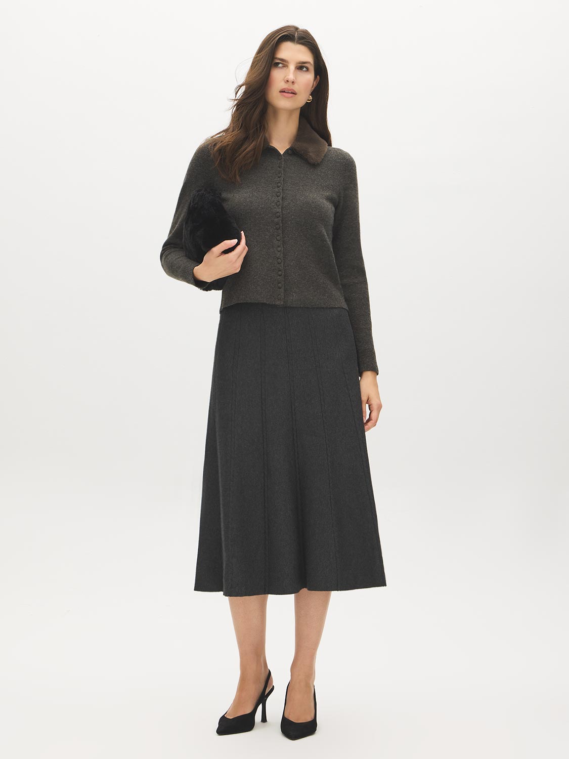 Dark Grey Knit Sweater Cardigan with Removable Fur Collar - Full Body View - Suzy Shier