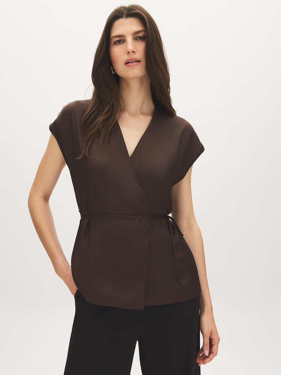 Coffee Bean Kimono Wrap Blouse with Waist Tie - Woman Wearing Elegant Wrap Top - Suzy Shier