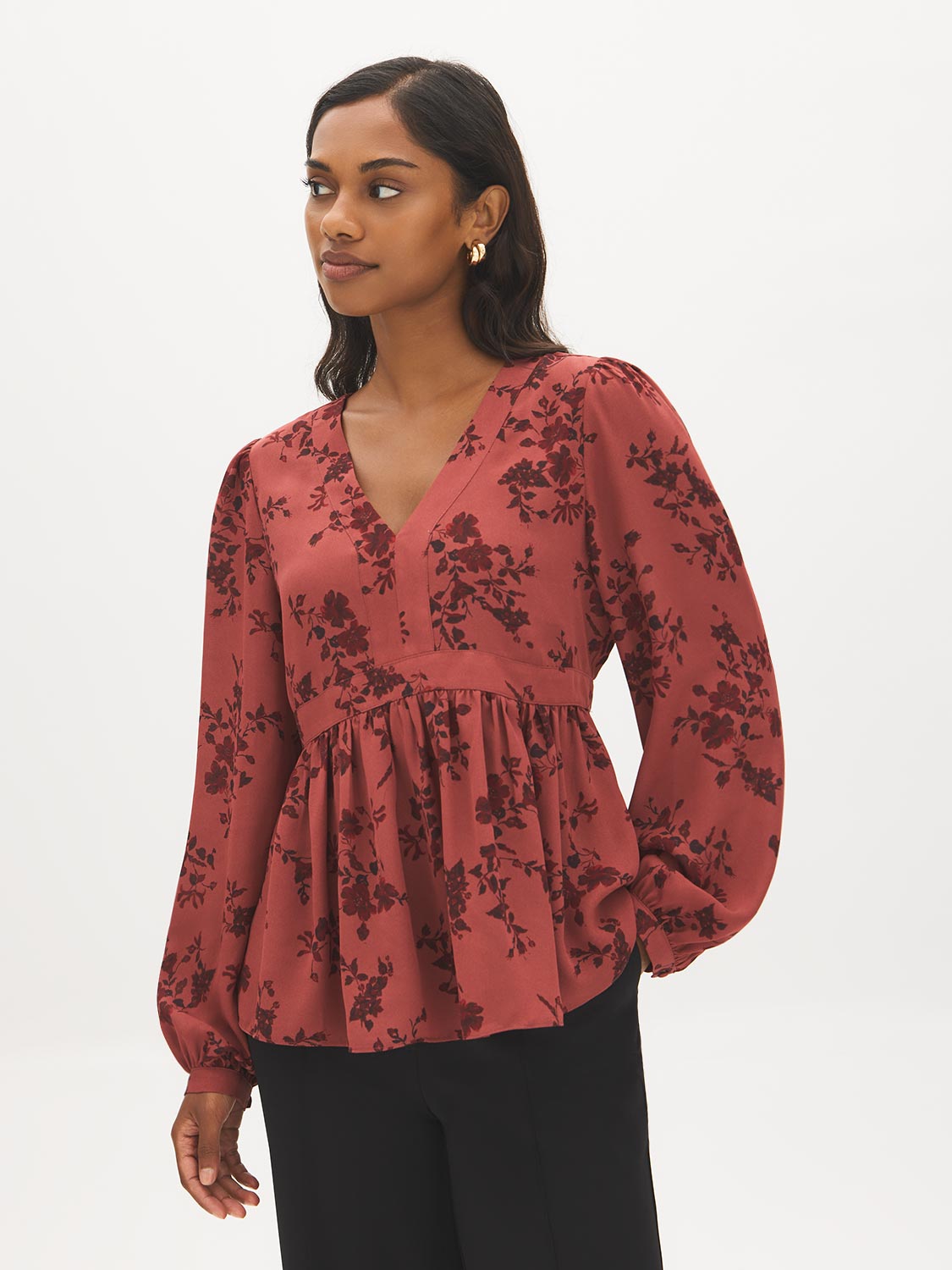 Apple Butter Printed Crinkle Satin Peplum Blouse - Woman Wearing V-Neck Floral Blouse - Suzy Shier
