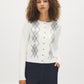 White/Grey/Black Argyle Intarsia Crew Neck Cardigan - Woman Wearing Button-Front Knit Sweater - Suzy Shier