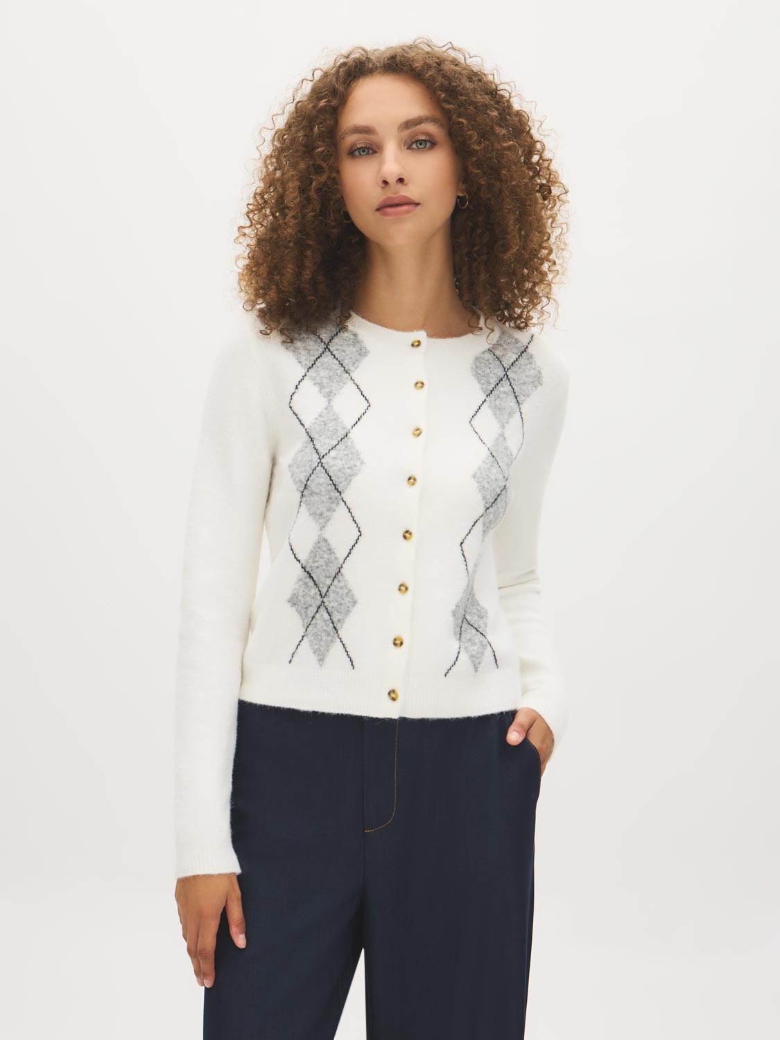 White/Grey/Black Argyle Intarsia Crew Neck Cardigan - Woman Wearing Button-Front Knit Sweater - Suzy Shier
