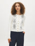 White/Grey/Black Argyle Intarsia Crew Neck Cardigan - Woman Wearing Button-Front Knit Sweater - Suzy Shier