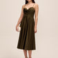 Khaki Satin Fit & Flare Dress with Cowl Neck - Woman Wearing Cocktail-Length Evening Dress - Le Chateau
