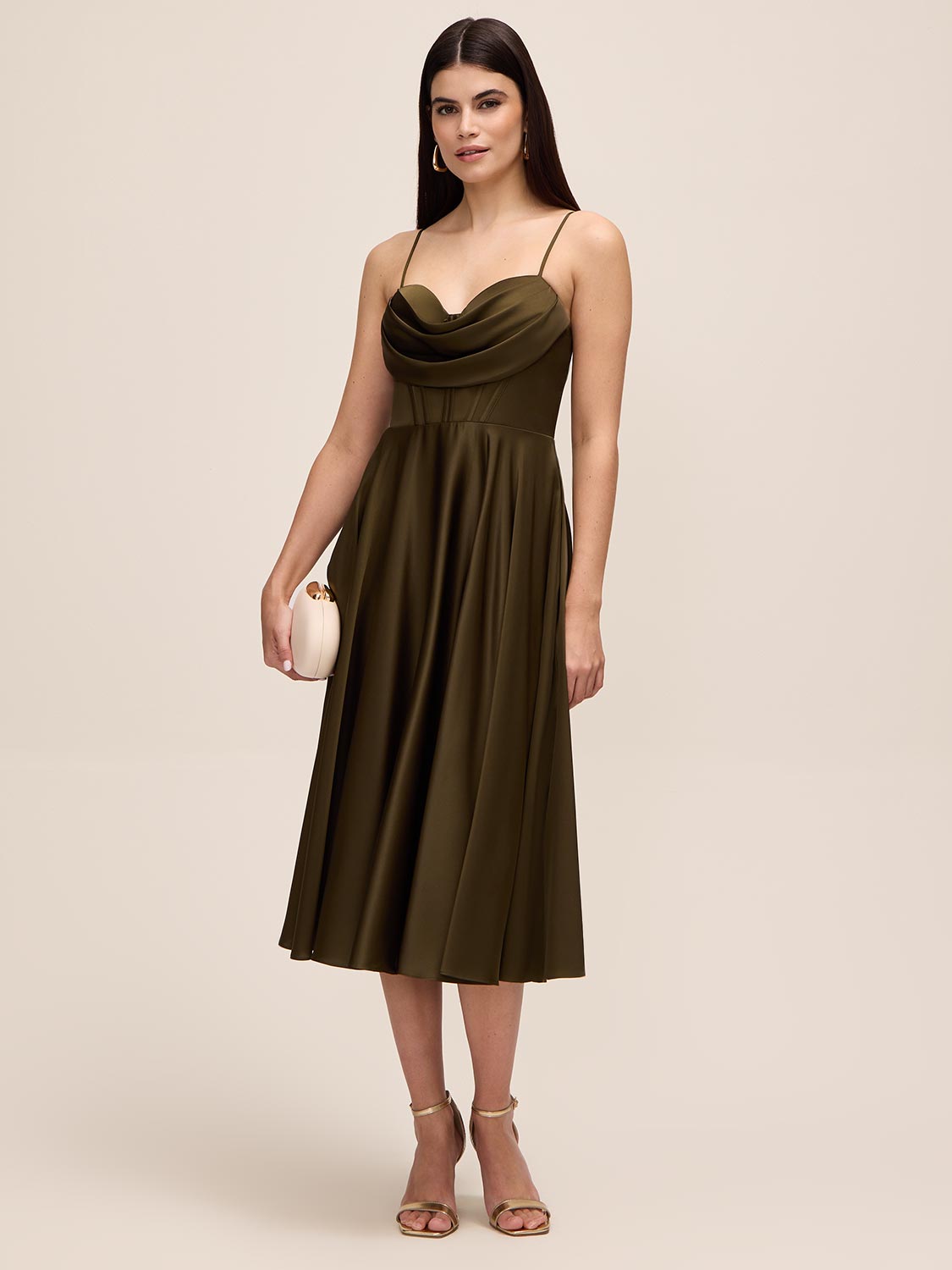 Khaki Satin Fit & Flare Dress with Cowl Neck - Woman Wearing Cocktail-Length Evening Dress - Le Chateau