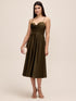 Khaki Satin Fit & Flare Dress with Cowl Neck - Woman Wearing Cocktail-Length Evening Dress - Le Chateau