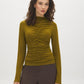 Guacamole Mock Neck Jersey Top with Ruched Detail - Woman Wearing Long Sleeve Textured Top - Suzy Shier