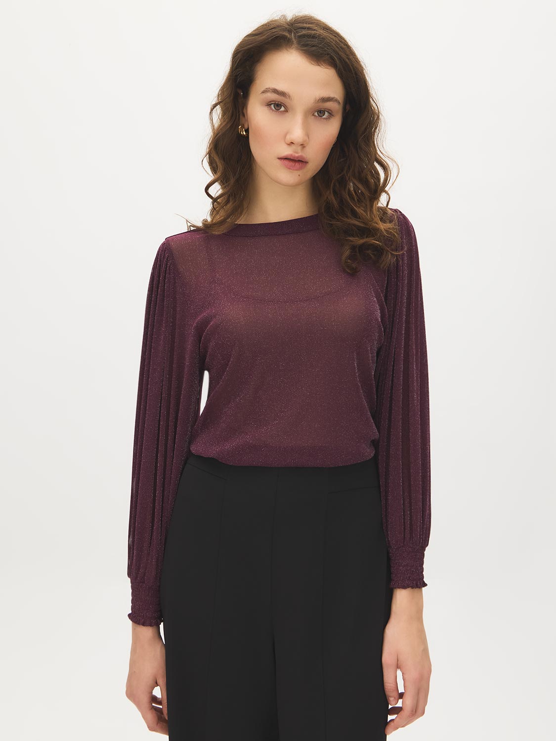 Winetasting Glitter Knit Top with Smocked Detail - Woman Wearing Elegant Balloon Sleeve Top - Suzy Shier