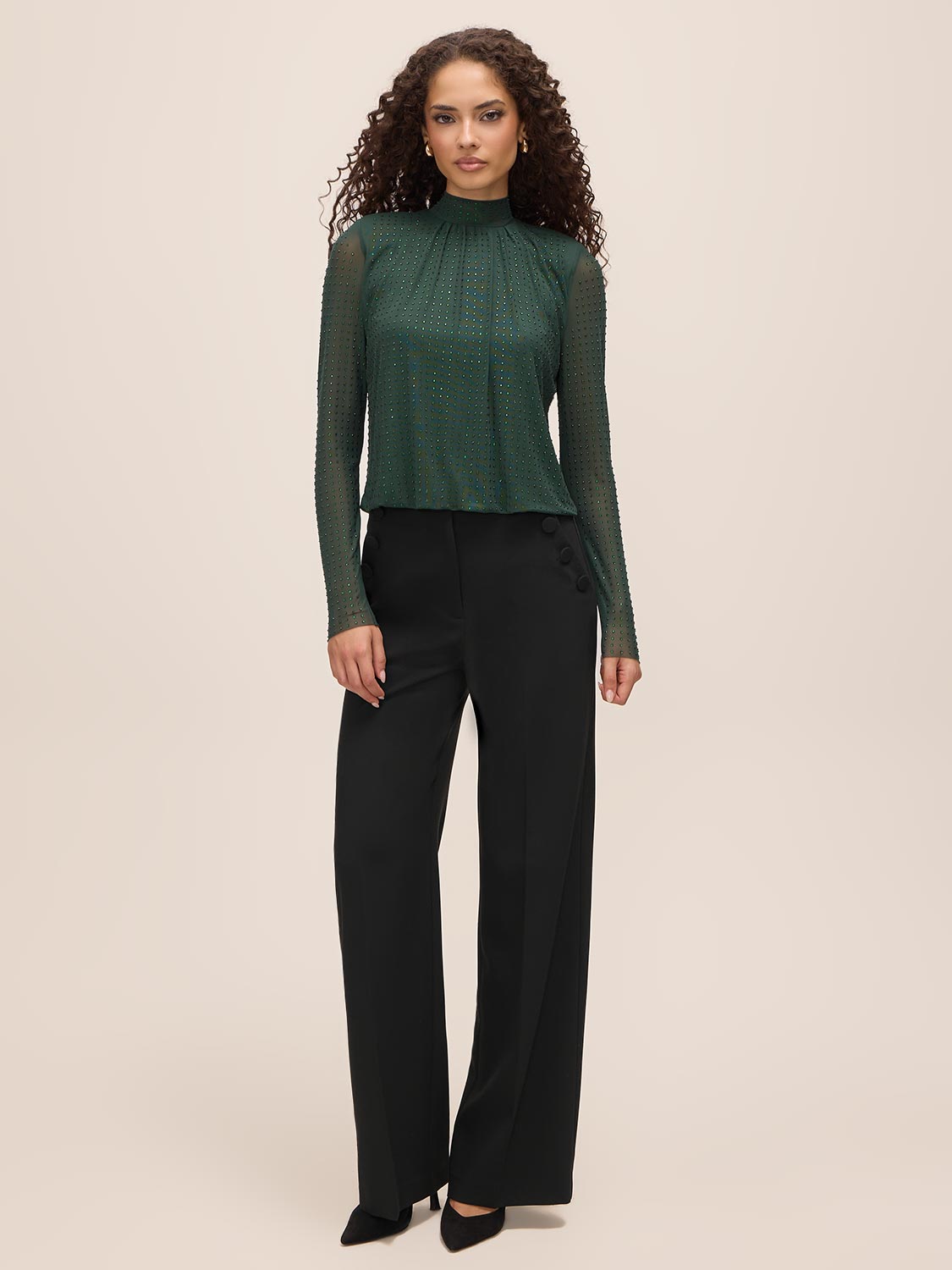 Dark Emerald Rhinestone Embellished Knit Top - Front View - Le Chateau